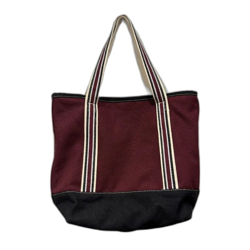 Vintage Lands' End Canvas Tote Bag Burgundy Black Boat Striped Handles 13x17